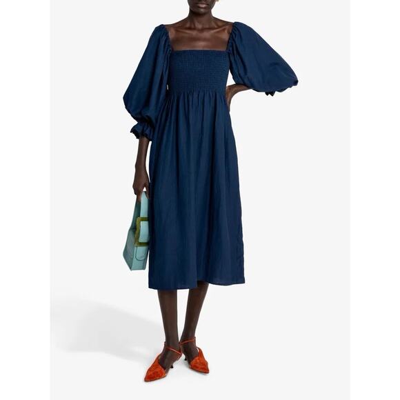 O.P.T. Dress Medium Navy Midi Smocked Puff Balloon Sleeve Cottage Prairie Linen - Picture 8 of 8